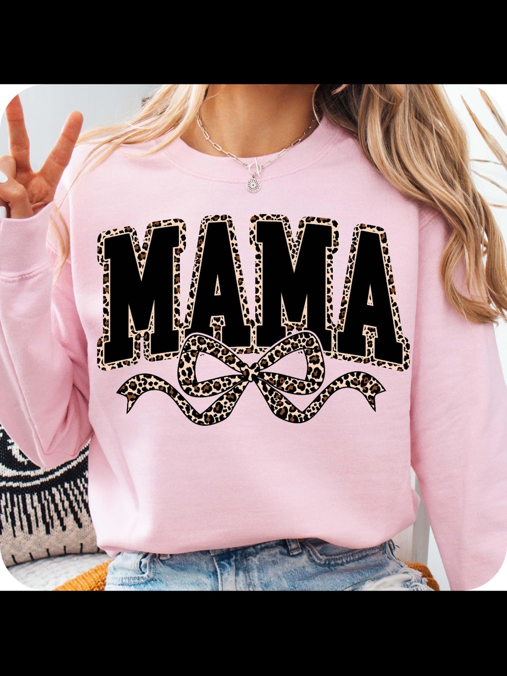 Gildan Pink 'MAMA' Long Sleeve Tee with Leopard Print Accents